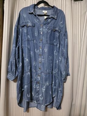 easel Washed Blue Denim Button-Front Shirt Dress
